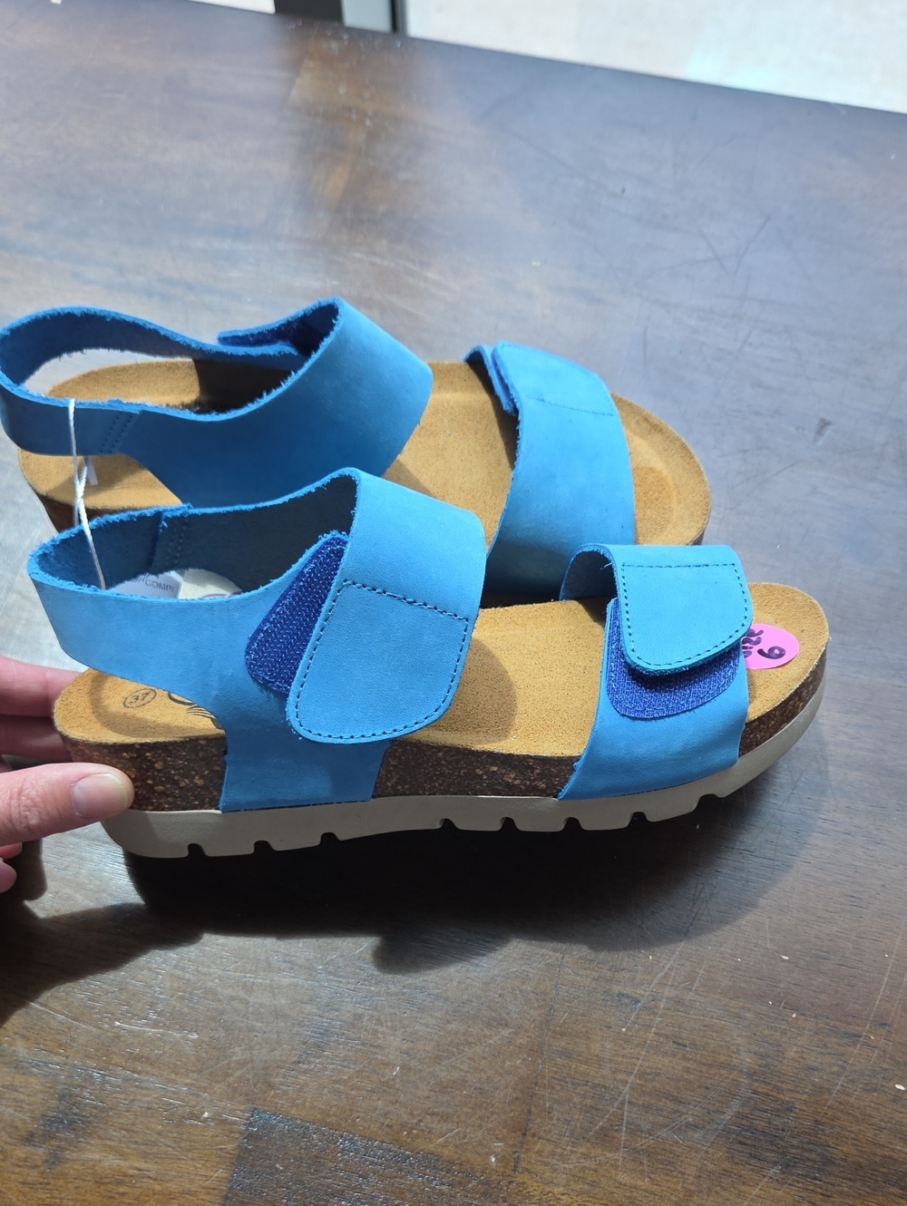 Plakton Size 6 Women's Leather Adjustable Blue Sandals with Cushioned Cork Sole